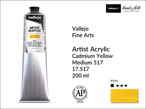 Farba akrylowa 200 ml Cadmium Lemon Medium 517 Vallejo Acrylic Artist Color, Vallejo Acrylic Artist Color farby akrylowe 200 ml, farba akrylowa Artist Color Acrylicos Vallejo, farby akrylowe, farby akrylowe Vallejo, tradearts,