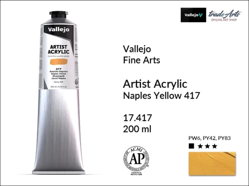 Farba akrylowa 200 ml Naples Yellow Hue 417 Vallejo Acrylic Artist Color, Vallejo Acrylic Artist Color farby akrylowe 200 ml, farba akrylowa Artist Color Acrylicos Vallejo, farby akrylowe, farby akrylowe Vallejo, tradearts,