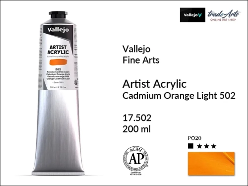 Farba akrylowa 200 ml Cadmium Orange Light 502 Vallejo Acrylic Artist Color, Vallejo Acrylic Artist Color farby akrylowe 200 ml, farba akrylowa Artist Color Acrylicos Vallejo, farby akrylowe, farby akrylowe Vallejo, tradearts,