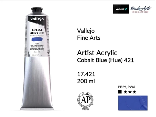 Farba akrylowa 200 ml Cobalt Blue Hue 421 Vallejo Acrylic Artist Color, Vallejo Acrylic Artist Color farby akrylowe 200 ml, farba akrylowa Artist Color Acrylicos Vallejo, farby akrylowe, farby akrylowe Vallejo, tradearts,