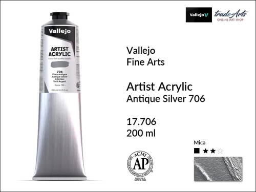 Farba akrylowa 200 ml Antique Silver Metallic 706 Vallejo Acrylic Artist Color, Vallejo Acrylic Artist Color farby akrylowe 200 ml, farba akrylowa Artist Color Acrylicos Vallejo, farby akrylowe, farby akrylowe Vallejo, tradearts,