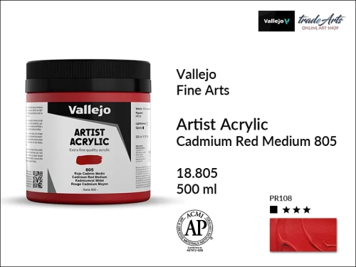 Farba akrylowa 500 ml Cadmium Red Medium 805 Vallejo Acrylic Artist Color, Vallejo Acrylic Artist Color farby akrylowe 500 ml, farba akrylowa Artist Color Acrylicos Vallejo, farby akrylowe, farby akrylowe Vallejo, tradearts,