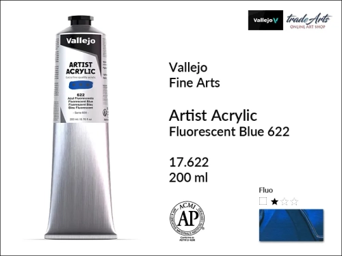 Vallejo AAC - Fluorescent Blue 622 paint tube 200 ml, Vallejo AAC farba akrylowa fluorescencyjna Fluorescent Blue 622 tuba 200 ml, farba akrylowa fluorescencyjna Vallejo AAC Fluorescent Blue 622, farby akrylowe fluorescencyjne Vallejo,