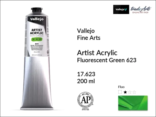 Vallejo AAC - Fluorescent Green 623 paint tube 200 ml, Vallejo AAC farba akrylowa fluorescencyjna Fluorescent Green 623 tuba 200 ml, farba akrylowa fluorescencyjna Vallejo AAC Fluorescent Green 623, farby akrylowe fluorescencyjne Vallejo,