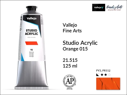 Acrylic Studio Vallejo farba akrylowa Orange 015, farby akrylowe Vallejo Acrylic Studio, farby akrylowe Vallejo Acrylic Studio tuba 125 ml, farba akrylowa Orange 015 125 ml, farby Vallejo, Acrylicos Vallejo,