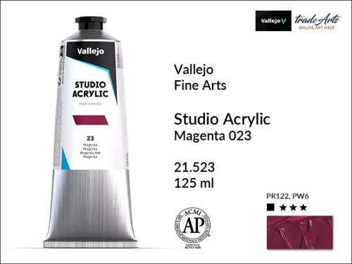 Acrylic Studio Vallejo farba akrylowa Magenta 023, farby akrylowe Vallejo Acrylic Studio, farby akrylowe Vallejo Acrylic Studio tuba 125 ml, farba akrylowa Magenta 023 tuba 125 ml, farby Vallejo, Acrylicos Vallejo,