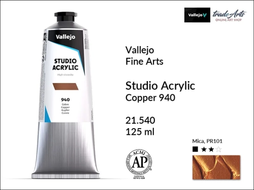 Acrylic Studio Vallejo farba akrylowa Copper 940, farby akrylowe Vallejo Acrylic Studio, farby akrylowe Vallejo Acrylic Studio tuba 125 ml, farba akrylowa Copper 940  tuba 125 ml, farby Vallejo, Acrylicos Vallejo,