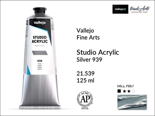 Acrylic Studio Vallejo farba akrylowa Silver 939, farby akrylowe Vallejo Acrylic Studio, farby akrylowe Vallejo Acrylic Studio tuba 125 ml, farba akrylowa Silver 939  tuba 125 ml, farby Vallejo, Acrylicos Vallejo,