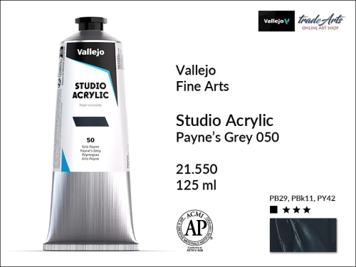 Acrylic Studio Vallejo farba akrylowa Payne's Grey 050, farby akrylowe Vallejo Acrylic Studio, farby akrylowe Vallejo Acrylic Studio tuba 125 ml, farba akrylowa Payne's Grey 050  tuba 125 ml, farby Vallejo, Acrylicos Vallejo,