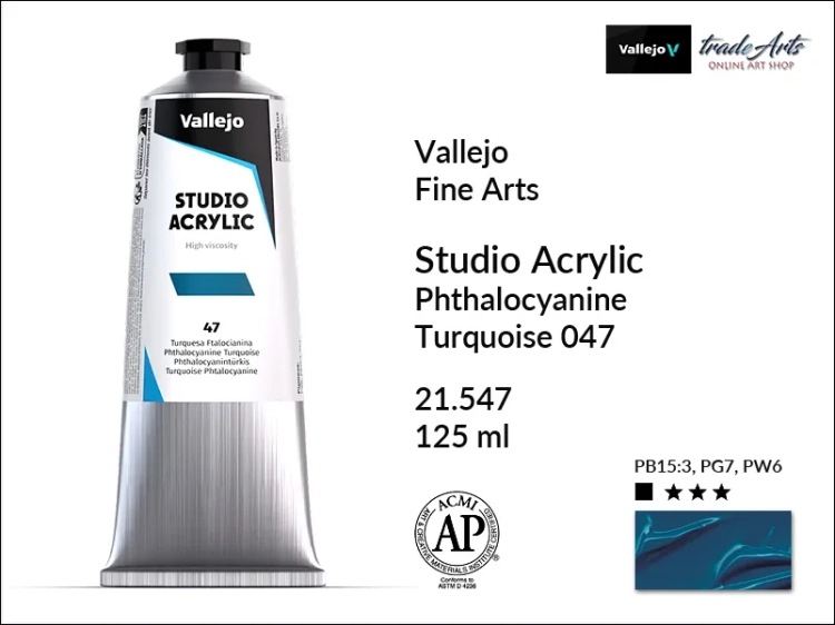 Acrylic Studio Vallejo farba akrylowa Phthalo Turquoise 047, farby akrylowe Vallejo Acrylic Studio, farby akrylowe Vallejo Acrylic Studio tuba 125 ml, farba akrylowa Phthalo Turquoise 047  tuba 125 ml, farby Vallejo, Acrylicos Vallejo,