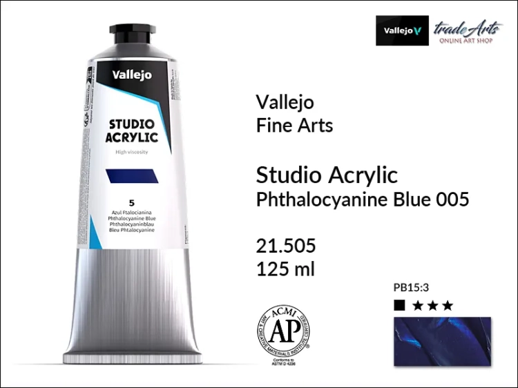 Acrylic Studio Vallejo farba akrylowa Phthalo Blue 005, farby akrylowe Vallejo Acrylic Studio, farby akrylowe Vallejo Acrylic Studio tuba 125 ml, farba akrylowa Phthalo Blue 005  tuba 125 ml, farby Vallejo, Acrylicos Vallejo,