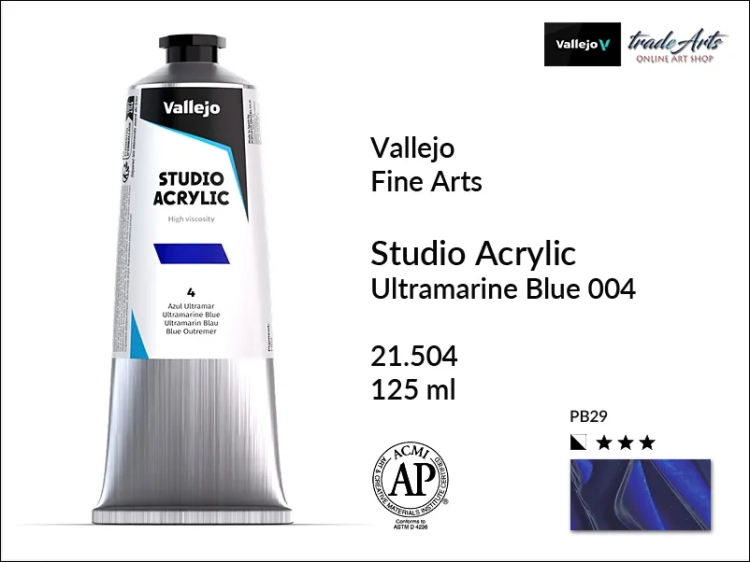 Acrylic Studio Vallejo farba akrylowa Ultramarine Blue 004, farby akrylowe Vallejo Acrylic Studio, farby akrylowe Vallejo Acrylic Studio tuba 125 ml, farba akrylowa Ultramarine Blue 004  tuba 125 ml, farby Vallejo, Acrylicos Vallejo,