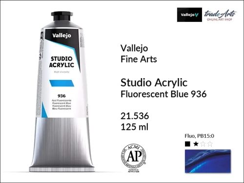 Acrylic Studio Vallejo farba akrylowa Blue Fluorescent 936, farby akrylowe Vallejo Acrylic Studio, farby akrylowe Vallejo Acrylic Studio tuba 125 ml, farba akrylowa Blue Fluorescent 936  tuba 125 ml, farby Vallejo, Acrylicos Vallejo,
