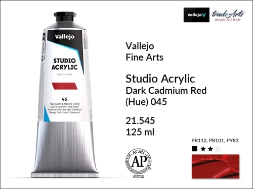 Acrylic Studio Vallejo farba akrylowa Dark Cadmium Red 045, farby akrylowe Vallejo Acrylic Studio, farby akrylowe Vallejo Acrylic Studio 125 ml, farba akrylowa Dark Cadmium Red 045  tuba 125 ml, farby Vallejo, Acrylicos Vallejo,