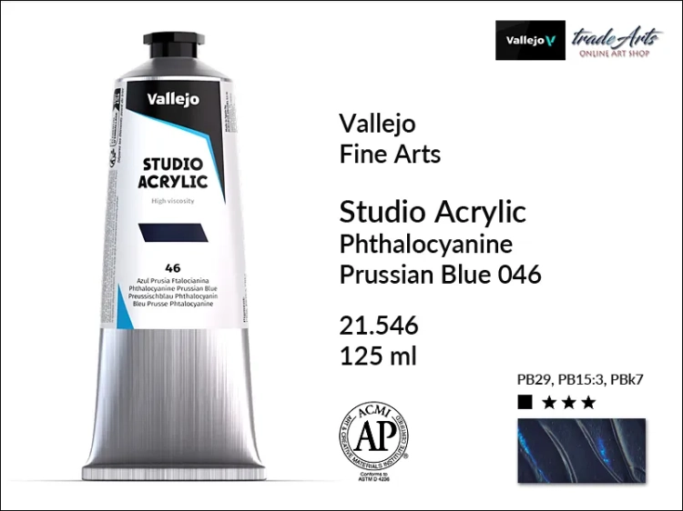 Acrylic Studio Vallejo farba akrylowa Prussian Blue Phthalo 046, farby akrylowe Vallejo Acrylic Studio, farby akrylowe Vallejo Acrylic Studio tuba 125 ml, farba akrylowa Prussian Blue Phthalo 046  125 ml, farby Vallejo, Acrylicos Vallejo,