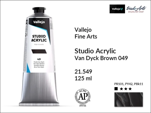 Acrylic Studio Vallejo farba akrylowa Van Dyck Brown 049, farby akrylowe Vallejo Acrylic Studio, farby akrylowe Vallejo Acrylic Studio tuba 125 ml, farba akrylowa Van Dyck Brown 049  tuba 125 ml, farby Vallejo, Acrylicos Vallejo,