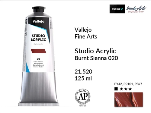Acrylic Studio Vallejo farba akrylowa Burnt Sienna 020, farby akrylowe Vallejo Acrylic Studio, farby akrylowe Vallejo Acrylic Studio tuba 125 ml, farba akrylowa Burnt Sienna 020  tuba 125 ml, farby Vallejo, Acrylicos Vallejo,