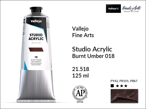 Acrylic Studio Vallejo farba akrylowa Burnt Umber 018, farby akrylowe Vallejo Acrylic Studio, farby akrylowe Vallejo Acrylic Studio tuba 125 ml, farba akrylowa Burnt Umber 018  tuba 125 ml, farby Vallejo, Acrylicos Vallejo,