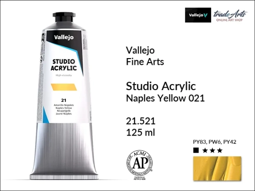 Acrylic Studio Vallejo farba akrylowa Naples yellow 021, farby akrylowe Vallejo Acrylic Studio, farby akrylowe Vallejo Acrylic Studio tuba 125 ml, farba akrylowa Naples yellow 021  tuba 125 ml, farby Vallejo, Acrylicos Vallejo,