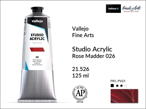 Acrylic Studio Vallejo farba akrylowa Rose Madder 026, farby akrylowe Vallejo Acrylic Studio, farby akrylowe Vallejo Acrylic Studio tuba 125 ml, farba akrylowa Rose Madder 026  tuba 125 ml, farby Vallejo, Acrylicos Vallejo,