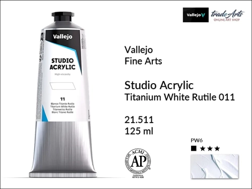 Acrylic Studio Vallejo farba akrylowa Titanium White Rutile 011, farby akrylowe Vallejo Acrylic Studio, farby akrylowe Vallejo Acrylic Studio tuba 125 ml, farba akrylowa Titanium White Rutile 011 tuba 125 ml, farby Vallejo, Acrylicos Vallejo,