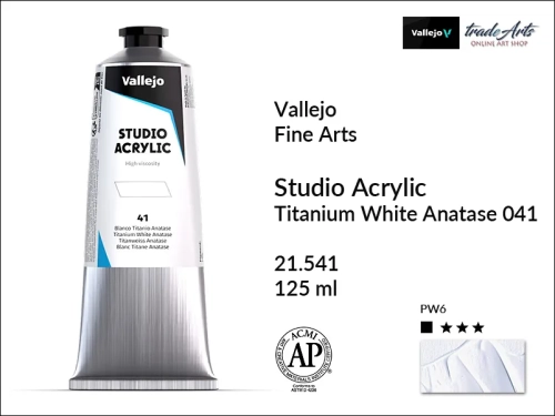 Acrylic Studio Vallejo farba akrylowa Titanium White Anatase 041, farby akrylowe Vallejo Acrylic Studio, farby akrylowe Vallejo Acrylic Studio tuba 125 ml, farba akrylowa Titanium White Anatase 041  tuba 125 ml, farby Vallejo, Acrylicos Vallejo,