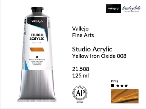 Acrylic Studio Vallejo farba akrylowa Yellow Iron Oxide 008, farby akrylowe Vallejo Acrylic Studio, farby akrylowe Vallejo Acrylic Studio tuba 125 ml, farba akrylowa Yellow Iron Oxide 008  tuba 125 ml, farby Vallejo, Acrylicos Vallejo,