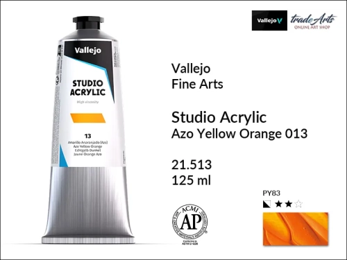 Acrylic Studio Vallejo farba akrylowa Azo Yellow Orange 013, farby akrylowe Vallejo Acrylic Studio, farby akrylowe Vallejo Acrylic Studio tuba 125 ml, farba akrylowa Azo Yellow Orange 013  tuba 125 ml, farby Vallejo, Acrylicos Vallejo,