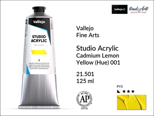 Acrylic Studio Vallejo farba akrylowa Cadmium Lemon Yellow 001, farby akrylowe Vallejo Acrylic Studio, farby akrylowe Vallejo Acrylic Studio 125 ml, farba akrylowa Cadmium Lemon Yellow 001  tuba 125 ml, farby Vallejo, Acrylicos Vallejo,