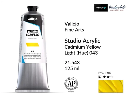 Acrylic Studio Vallejo farba akrylowa Cadmium Yellow Light 043, farby akrylowe Vallejo Acrylic Studio, farby akrylowe Vallejo Acrylic Studio 125 ml, farba akrylowa Cadmium Yellow Light 043  tuba 125 ml, farby Vallejo, Acrylicos Vallejo,