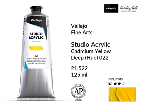 Acrylic Studio Vallejo farba akrylowa Cadmium Yellow Deep 022, farby akrylowe Vallejo Acrylic Studio, farby akrylowe Vallejo Acrylic Studio 125 ml, farba akrylowa Cadmium Yellow Deep 022  tuba 125 ml, farby Vallejo, Acrylicos Vallejo,