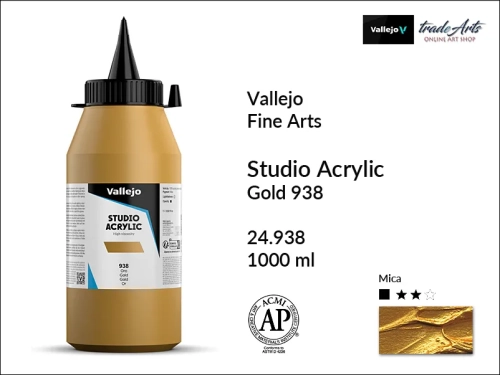 Farba akrylowa 1000 ml Gold 938 Vallejo Acrylic Studio, Vallejo Acrylic Studio farby akrylowe 1000 ml, farba akrylowa Studio Acrylicos Vallejo, farby akrylowe, farby akrylowe Vallejo, tradearts,