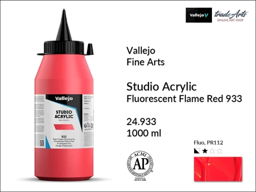 Acrylic Studio Vallejo farba akrylowa Flame Red Fluorescent 933, farby akrylowe Vallejo Acrylic Studio, farby akrylowe Vallejo Acrylic Studio 1000 ml, farba akrylowa Flame Red Fluorescent 933 1000 ml, farby Vallejo, Acrylicos Vallejo,