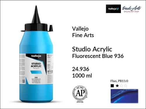 Acrylic Studio Vallejo farba akrylowa Blue Fluorescent 936, farby akrylowe Vallejo Acrylic Studio, farby akrylowe Vallejo Acrylic Studio 1000 ml, farba akrylowa Blue Fluorescent 936  1000 ml, farby Vallejo, Acrylicos Vallejo,