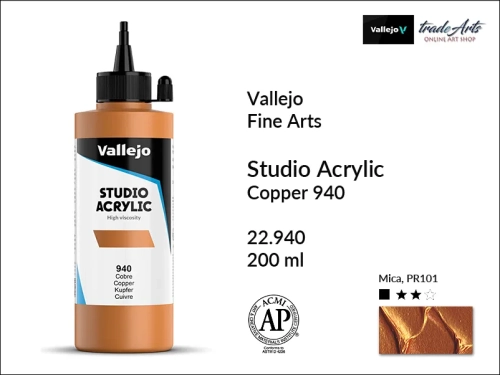 Acrylic Studio Vallejo farba akrylowa Copper 940, farby akrylowe Vallejo Acrylic Studio, farby akrylowe Vallejo Acrylic Studio 200 ml, farba akrylowa Copper 940  200 ml, farby Vallejo, Acrylicos Vallejo,
