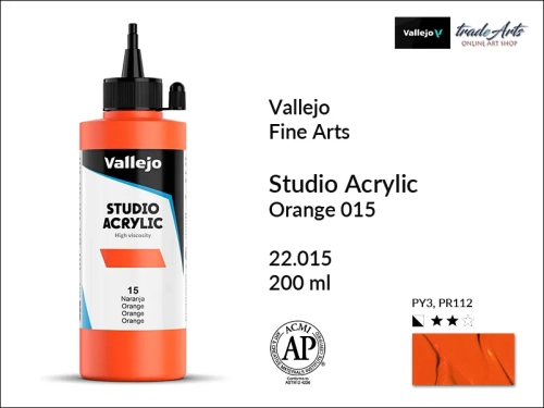 Acrylic Studio Vallejo farba akrylowa Orange 015, farby akrylowe Vallejo Acrylic Studio, farby akrylowe Vallejo Acrylic Studio 200 ml, farba akrylowa Orange 015 200 ml, farby Vallejo, Acrylicos Vallejo,