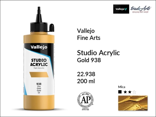 Acrylic Studio Vallejo farba akrylowa Gold 939, farby akrylowe Vallejo Acrylic Studio, farby akrylowe Vallejo Acrylic Studio 200 ml, farba akrylowa Gold 938  200 ml, farby Vallejo, Acrylicos Vallejo,