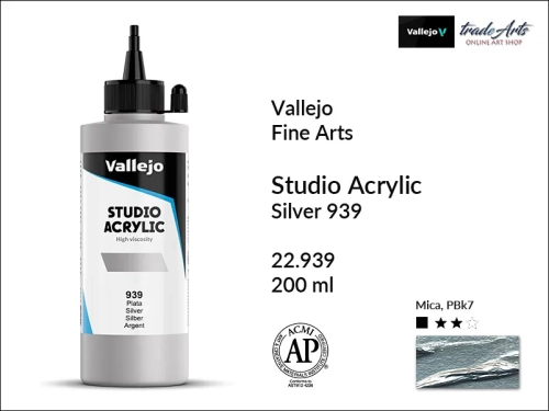 Acrylic Studio Vallejo farba akrylowa Silver 939, farby akrylowe Vallejo Acrylic Studio, farby akrylowe Vallejo Acrylic Studio 200 ml, farba akrylowa Silver 939  200 ml, farby Vallejo, Acrylicos Vallejo,
