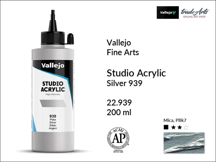 Acrylic Studio Vallejo farba akrylowa Silver 939, farby akrylowe Vallejo Acrylic Studio, farby akrylowe Vallejo Acrylic Studio 200 ml, farba akrylowa Silver 939  200 ml, farby Vallejo, Acrylicos Vallejo,