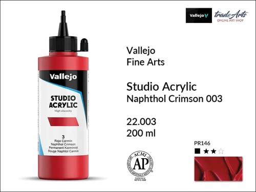 Acrylic Studio Vallejo farba akrylowa Naphtol Crimson 003, farby akrylowe Vallejo Acrylic Studio, farby akrylowe Vallejo Acrylic Studio 200 ml, farba akrylowa Naphtol Crimson 003  200 ml, farby Vallejo, Acrylicos Vallejo,