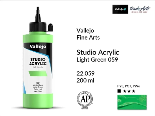 Acrylic Studio Vallejo farba akrylowa Light Green 059, farby akrylowe Vallejo Acrylic Studio, farby akrylowe Vallejo Acrylic Studio 200 ml, farba akrylowa Light Green 059  200 ml, farby Vallejo, Acrylicos Vallejo,