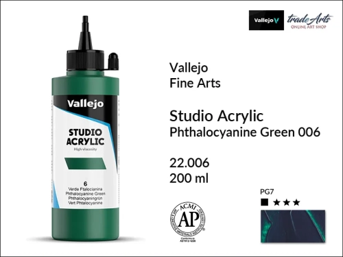 Acrylic Studio Vallejo farba akrylowa Phthalo Green 006, farby akrylowe Vallejo Acrylic Studio, farby akrylowe Vallejo Acrylic Studio 200 ml, farba akrylowa Phthalo Green 006  200 ml, farby Vallejo, Acrylicos Vallejo,