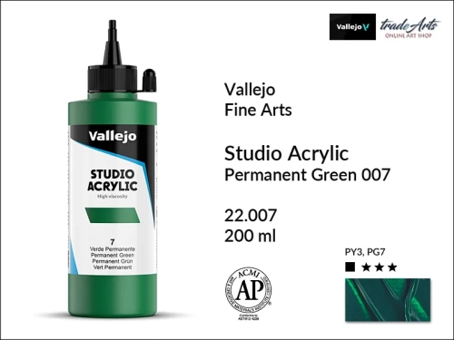 Acrylic Studio Vallejo farba akrylowa Permanent Green 007, farby akrylowe Vallejo Acrylic Studio, farby akrylowe Vallejo Acrylic Studio 200 ml, farba akrylowa Permanent Green 007  200 ml, farby Vallejo, Acrylicos Vallejo,