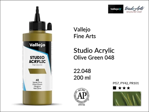 Acrylic Studio Vallejo farba akrylowa Olive Green 048, farby akrylowe Vallejo Acrylic Studio, farby akrylowe Vallejo Acrylic Studio 200 ml, farba akrylowa Olive Green 048  200 ml, farby Vallejo, Acrylicos Vallejo,