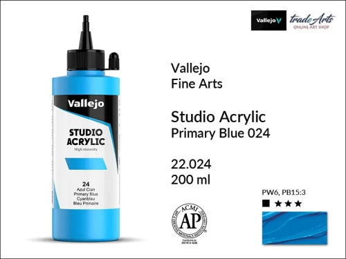 Acrylic Studio Vallejo farba akrylowa Primary Blue 024, farby akrylowe Vallejo Acrylic Studio, farby akrylowe Vallejo Acrylic Studio 200 ml, farba akrylowa Primary Blue 024  200 ml, farby Vallejo, Acrylicos Vallejo,