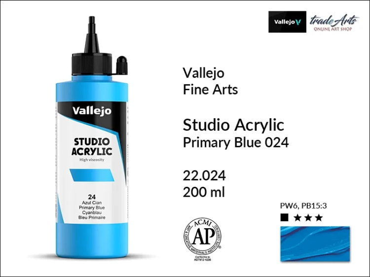 Acrylic Studio Vallejo farba akrylowa Primary Blue 024, farby akrylowe Vallejo Acrylic Studio, farby akrylowe Vallejo Acrylic Studio 200 ml, farba akrylowa Primary Blue 024  200 ml, farby Vallejo, Acrylicos Vallejo,