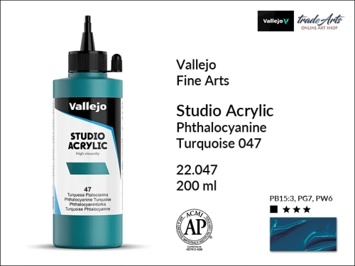 Acrylic Studio Vallejo farba akrylowa Phthalo Turquoise 047, farby akrylowe Vallejo Acrylic Studio, farby akrylowe Vallejo Acrylic Studio 200 ml, farba akrylowa Phthalo Turquoise 047  200 ml, farby Vallejo, Acrylicos Vallejo,