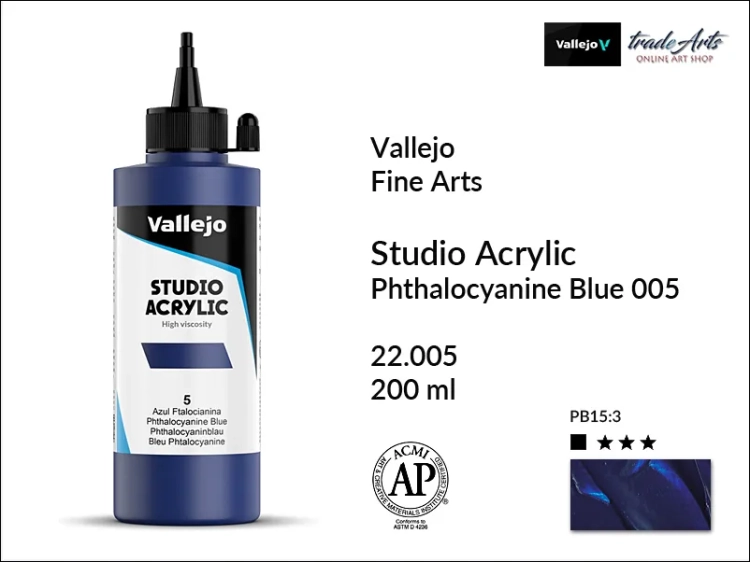 Acrylic Studio Vallejo farba akrylowa Phthalo Blue 005, farby akrylowe Vallejo Acrylic Studio, farby akrylowe Vallejo Acrylic Studio 200 ml, farba akrylowa Phthalo Blue 005  200 ml, farby Vallejo, Acrylicos Vallejo,