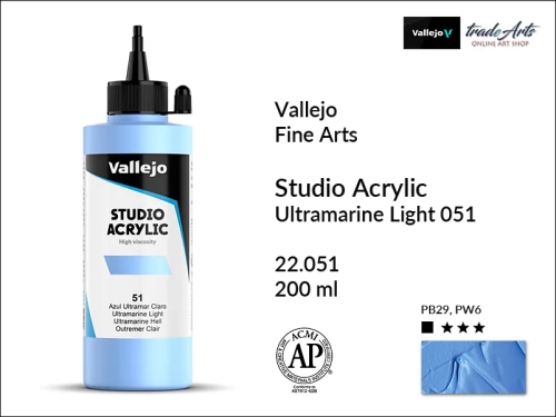 Acrylic Studio Vallejo farba akrylowa Ultramarine Light 051, farby akrylowe Vallejo Acrylic Studio, farby akrylowe Vallejo Acrylic Studio 200 ml, farba akrylowa Ultramarine Light 051  200 ml, farby Vallejo, Acrylicos Vallejo,