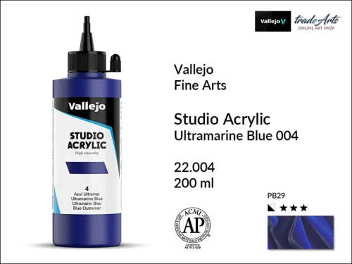 Acrylic Studio Vallejo farba akrylowa Ultramarine Blue 004, farby akrylowe Vallejo Acrylic Studio, farby akrylowe Vallejo Acrylic Studio 200 ml, farba akrylowa Ultramarine Blue 004  200 ml, farby Vallejo, Acrylicos Vallejo,